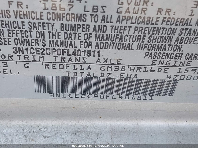 2015 Nissan Versa Note S (Sr)/S Plus/Sl/Sr/Sv VIN: 3N1CE2CP0FL401811 Lot: 39997584