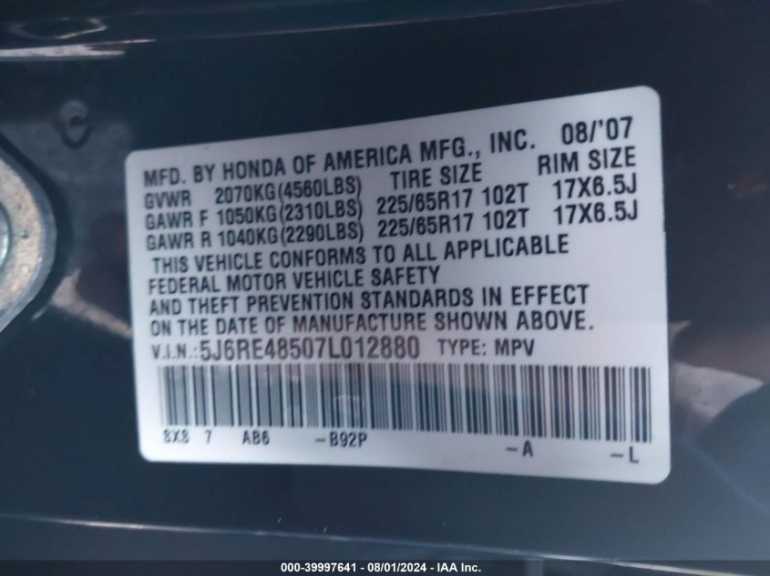 2007 Honda Cr-V Ex VIN: 5J6RE48507L012880 Lot: 39997641