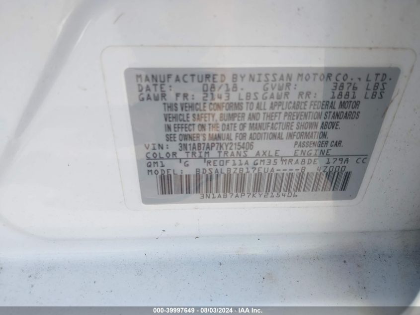 2019 NISSAN SENTRA S/SV/SR/SL - 3N1AB7AP7KY215406