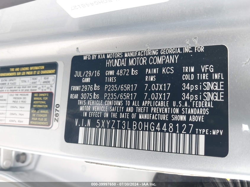 2017 Hyundai Santa Fe Sport 2.4L VIN: 5XYZT3LB0HG448127 Lot: 39997650