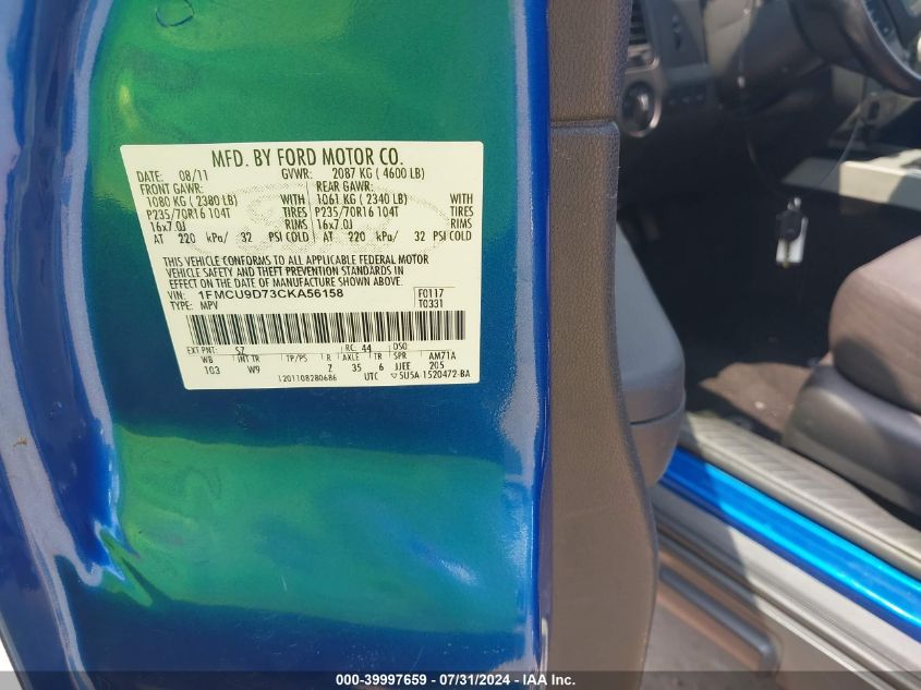 2012 Ford Escape Xlt VIN: 1FMCU9D73CKA56158 Lot: 39997659