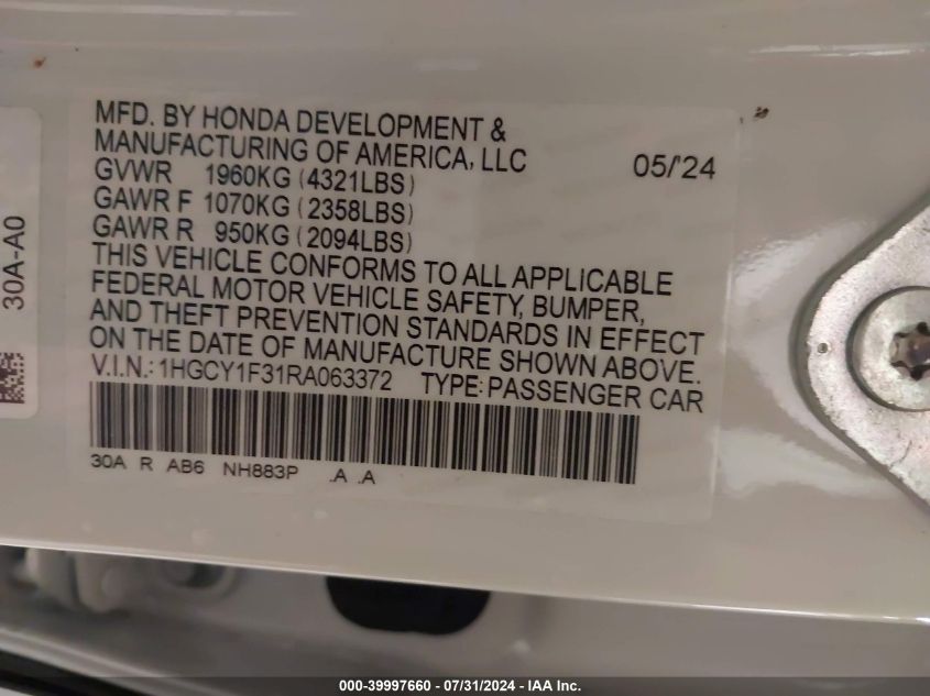 VIN 1HGCY1F31RA063372 2024 HONDA ACCORD EX