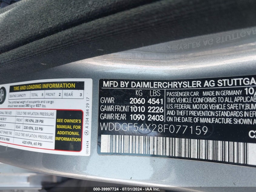 2008 Mercedes-Benz C 300 VIN: WDDGF54X28F077159 Lot: 39997724