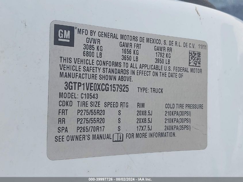 3GTP1VE0XCG157925 2012 GMC Sierra 1500 Sle