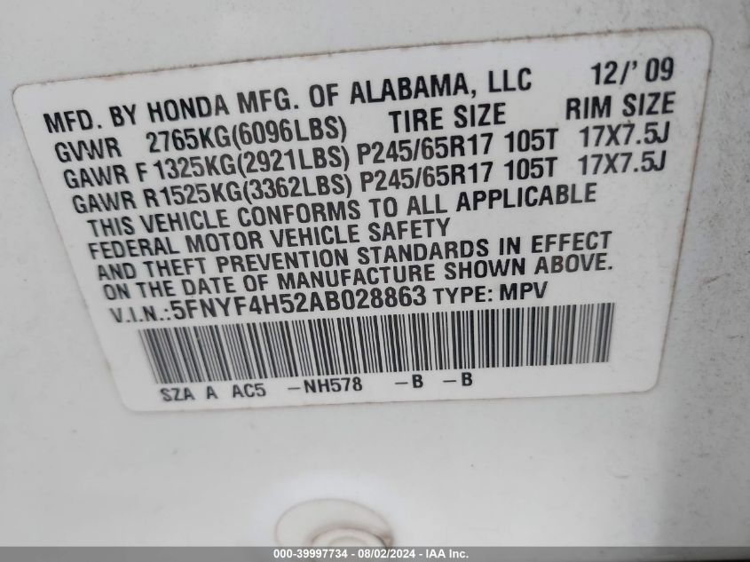 2010 Honda Pilot Ex-L VIN: 5FNYF4H52AB028863 Lot: 39997734