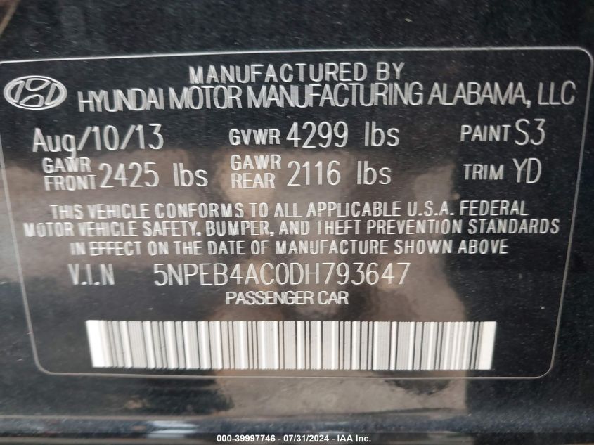 2013 Hyundai Sonata Gls VIN: 5NPEB4AC0DH793647 Lot: 39997746