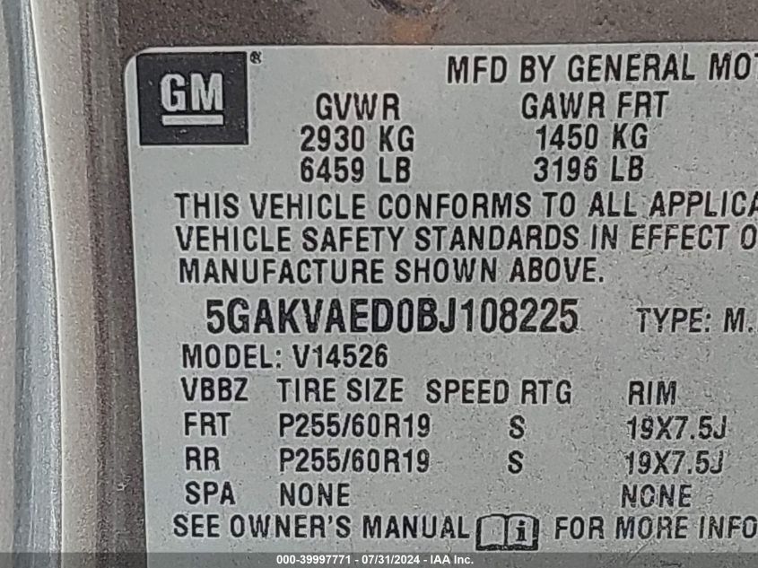 2011 Buick Enclave Cx VIN: 5GAKVAED0BJ108225 Lot: 39997771