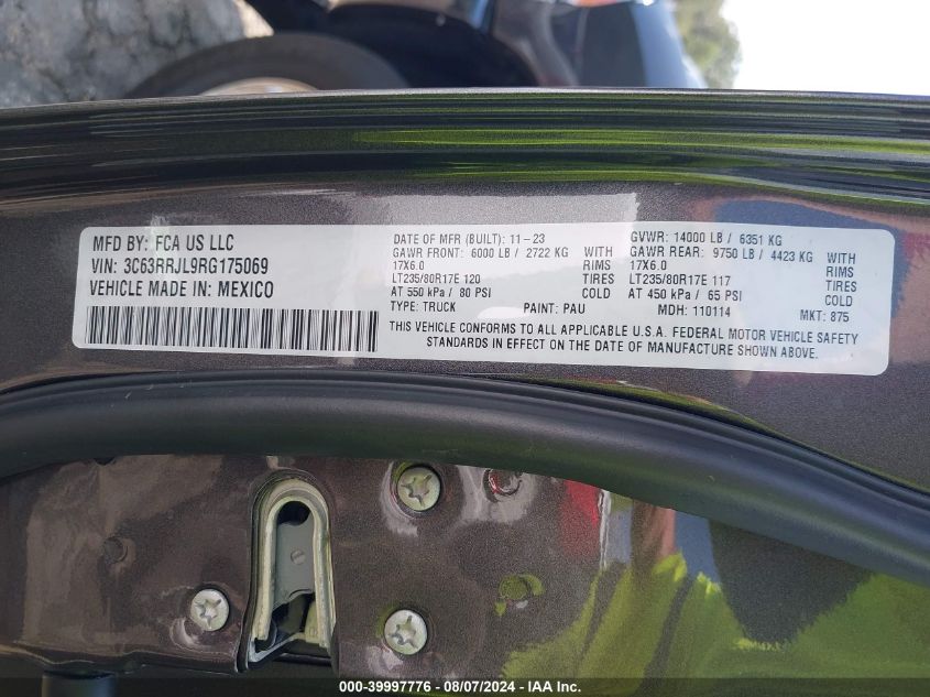 2024 Ram 3500 Laramie VIN: 3C63RRJL9RG175069 Lot: 39997776