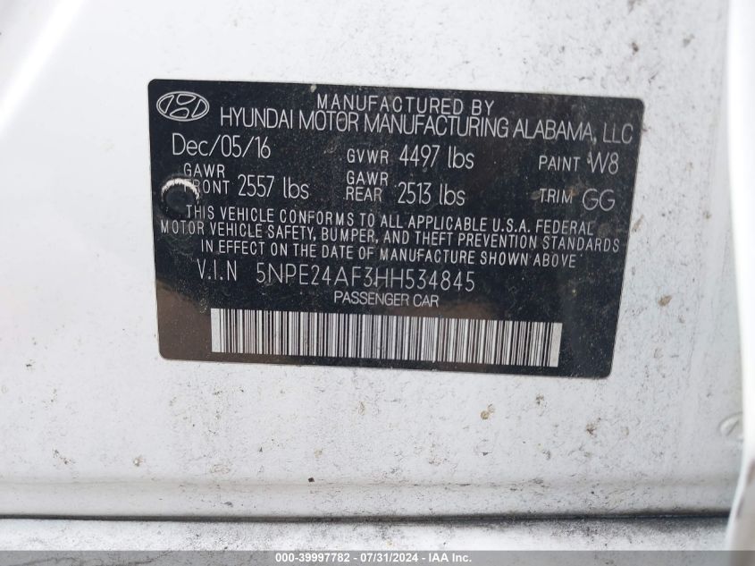 2017 Hyundai Sonata Se VIN: 5NPE24AF3HH534845 Lot: 39997782