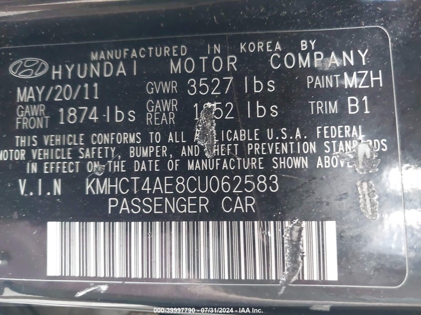 2012 Hyundai Accent Gls VIN: KMHCT4AE8CU062583 Lot: 39997790