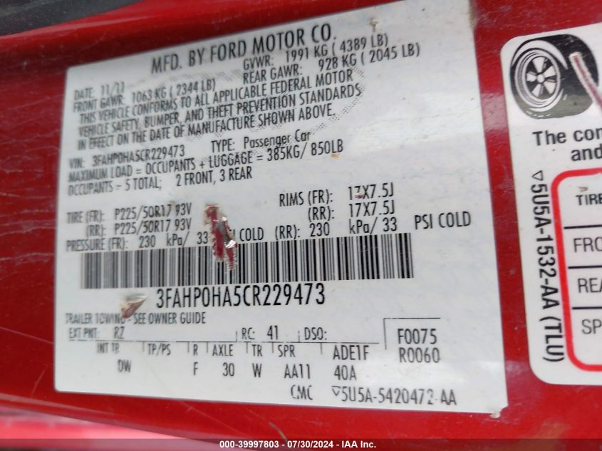 2012 Ford Fusion Se VIN: 3FAHP0HA5CR229473 Lot: 39997803