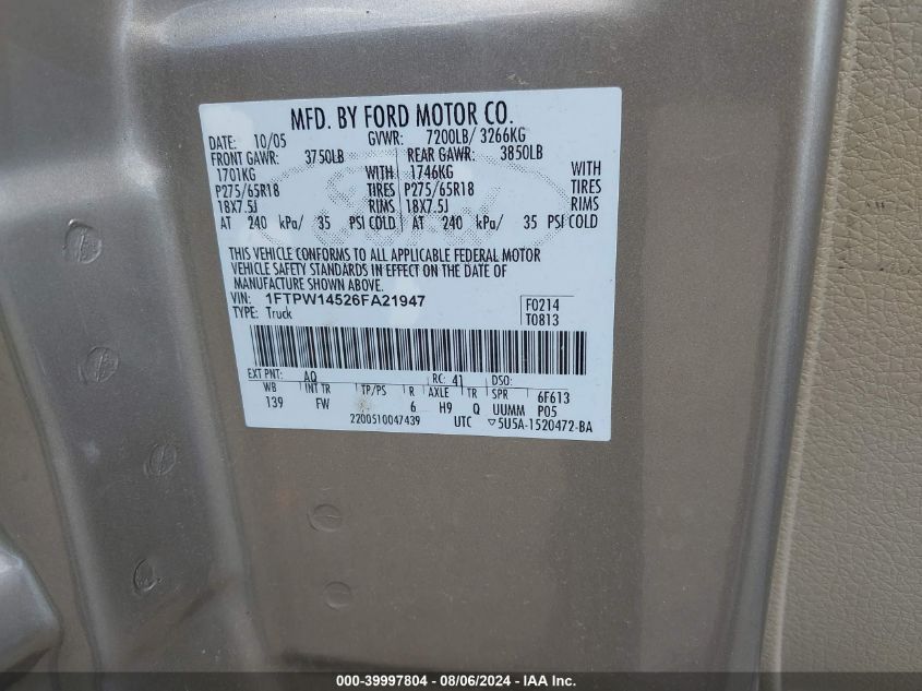 2006 Ford F-150 Fx4/Lariat/Xlt VIN: 1FTPW14526FA21947 Lot: 39997804