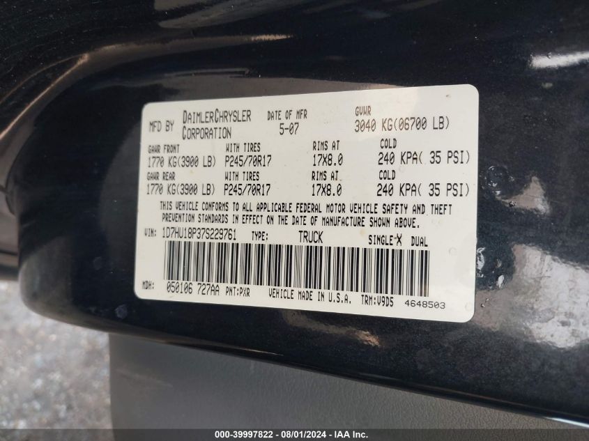 2007 Dodge Ram 1500 Slt/Trx4 Off Road/Sport VIN: 1D7HU18P37S229761 Lot: 39997822