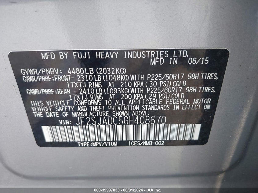 2016 Subaru Forester 2.5I Premium VIN: JF2SJADC5GH408670 Lot: 39997833