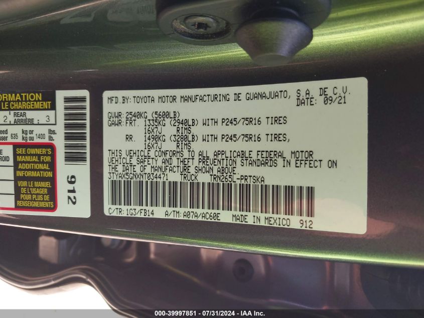 2022 Toyota Tacoma Sr VIN: 3TYAX5GNXNT034471 Lot: 39997851