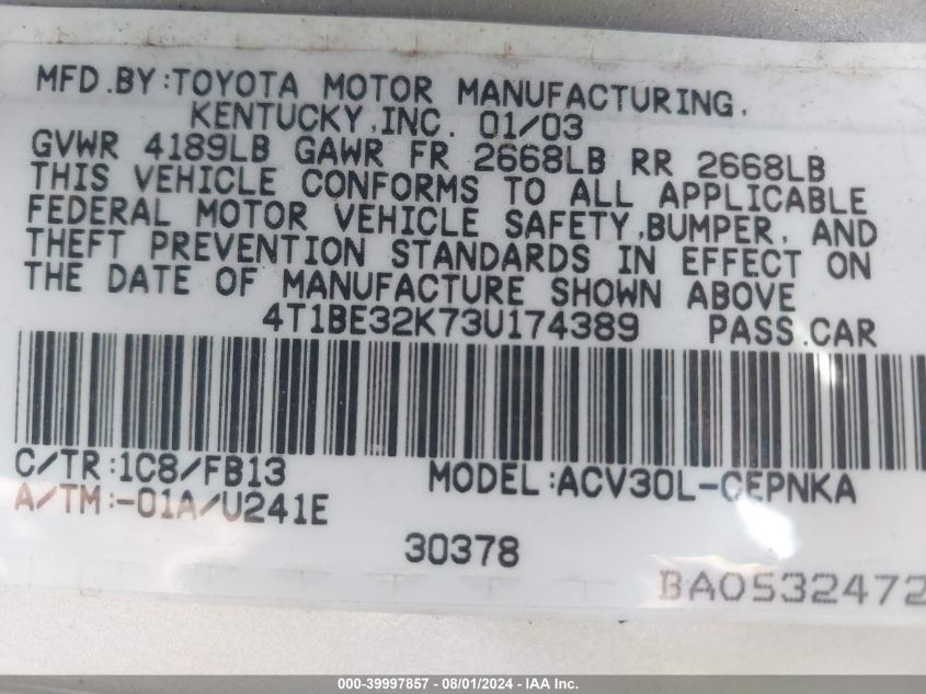 2003 Toyota Camry Le/Xle/Se VIN: 4T1BE32K73U174389 Lot: 39997857