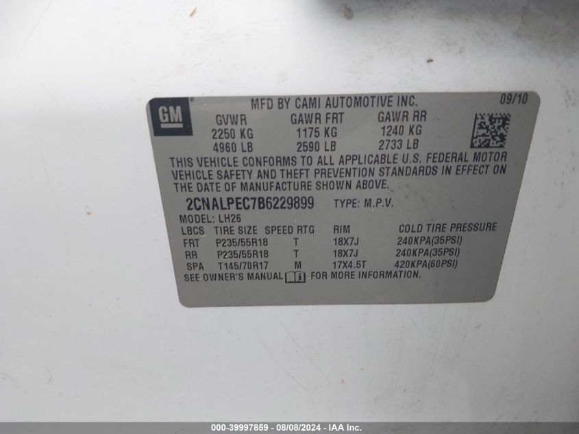 2CNALTEC7B6229899 2011 Chevrolet Equinox