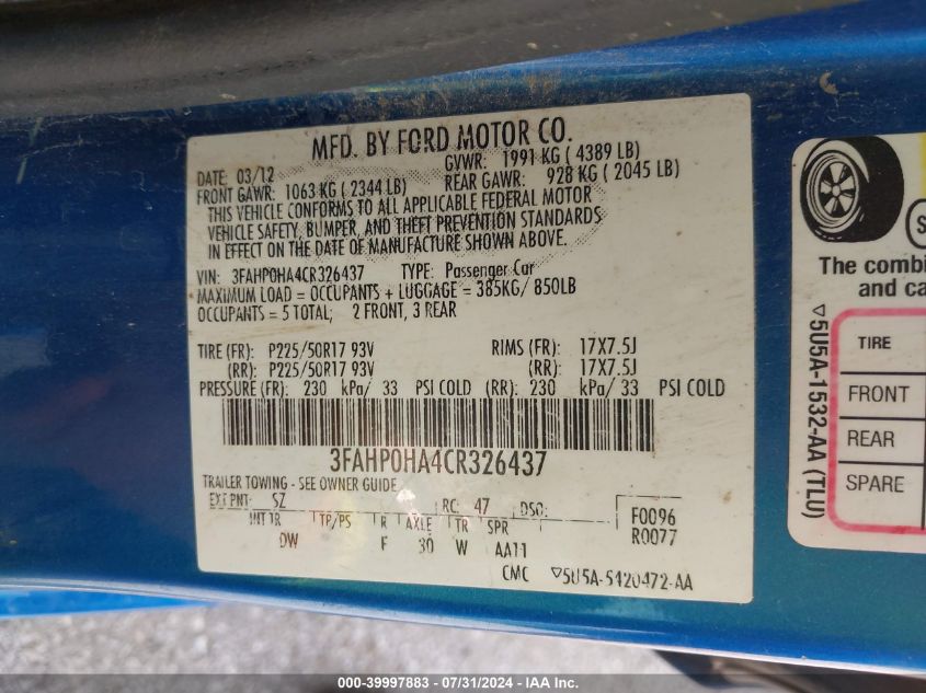 2012 Ford Fusion Se VIN: 3FAHP0HA4CR326437 Lot: 39997883