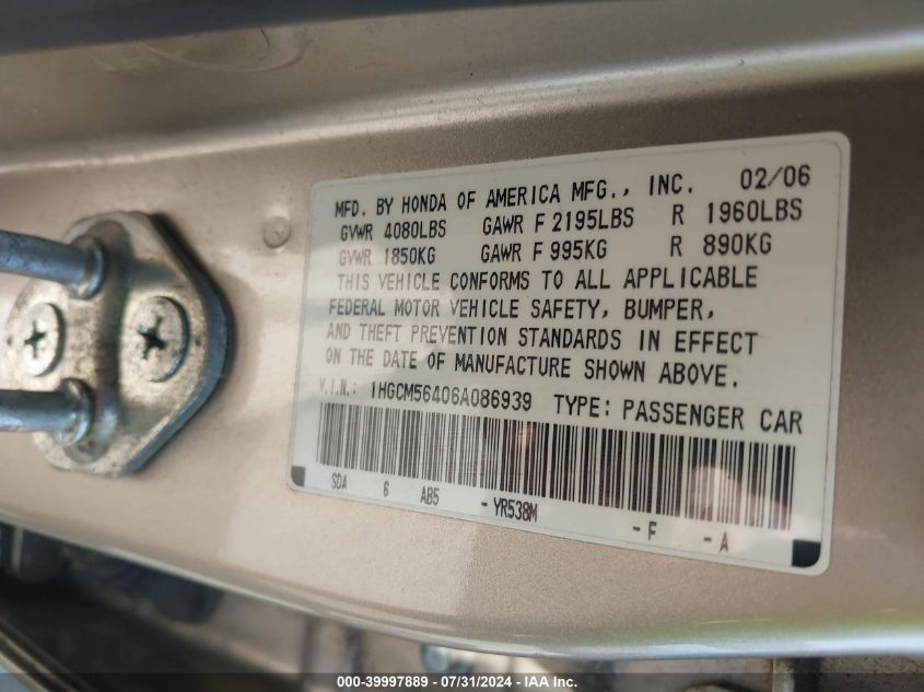 2006 Honda Accord Lx VIN: 1HGCM56406A086939 Lot: 39997889