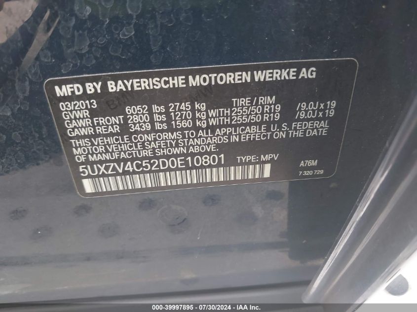 2013 BMW X5 xDrive35I/xDrive35I Premium/xDrive35I Sport Activity VIN: 5UXZV4C52D0E10801 Lot: 39997895