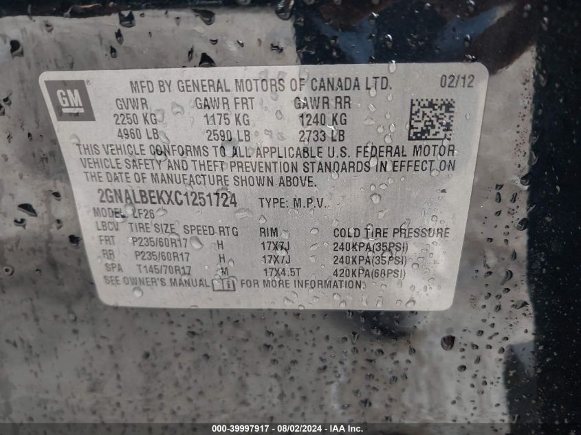 2012 Chevrolet Equinox Ls VIN: 2GNALBEKXC1251724 Lot: 39997917