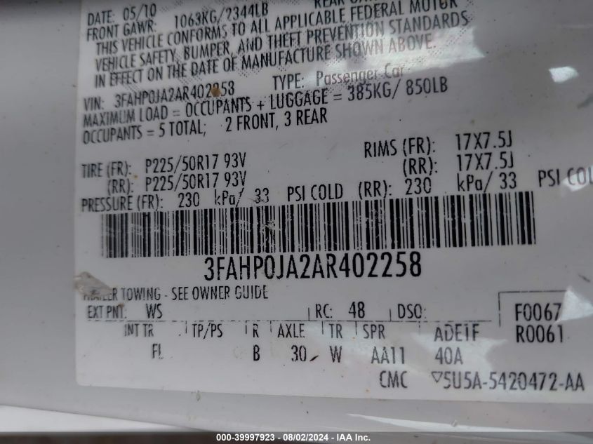 2010 Ford Fusion Sel VIN: 3FAHP0JA2AR402258 Lot: 39997923