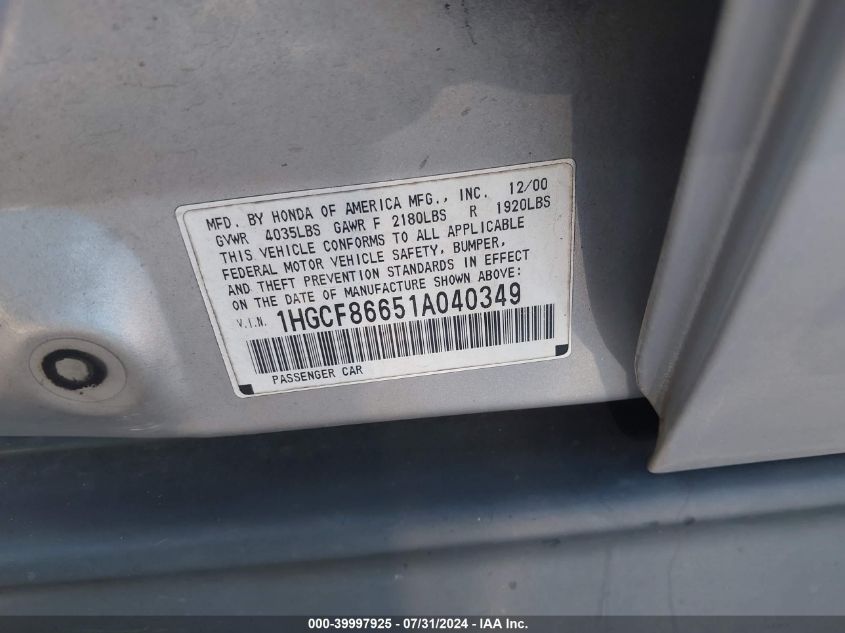 2001 Honda Accord Value Package VIN: 1HGCF86651A040349 Lot: 39997925
