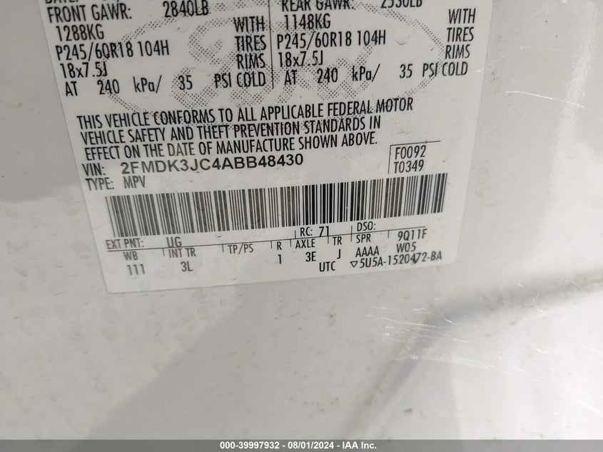 2010 Ford Edge Sel VIN: 2FMDK3JC4ABB48430 Lot: 39997932