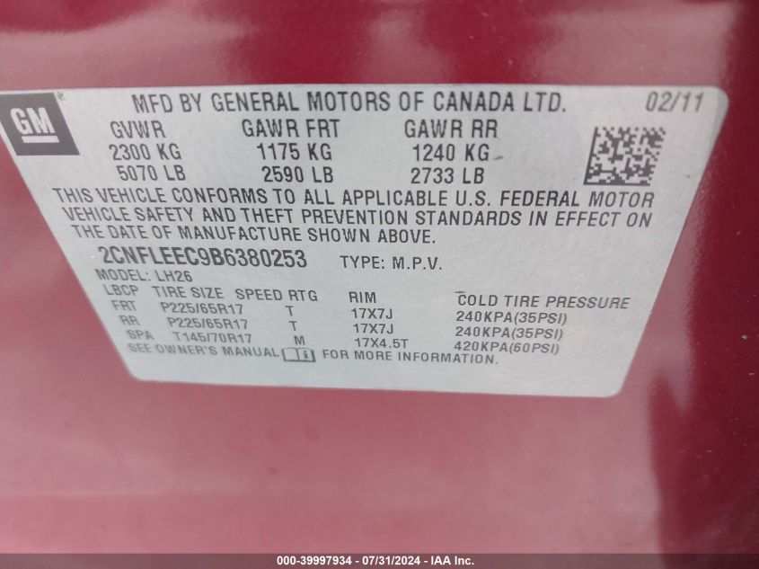 2011 Chevrolet Equinox 1Lt VIN: 2CNFLEEC9B6380253 Lot: 39997934