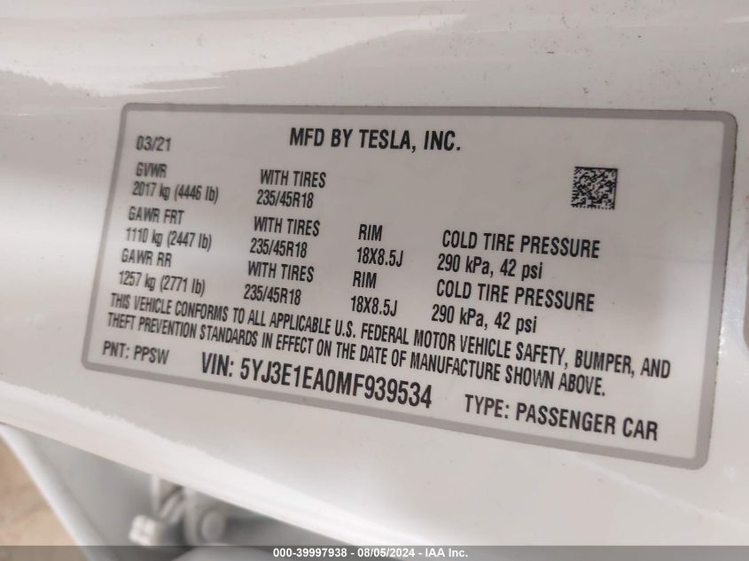 2021 Tesla Model 3 Standard Range Plus Rear-Wheel Drive VIN: 5YJ3E1EA0MF939534 Lot: 39997938