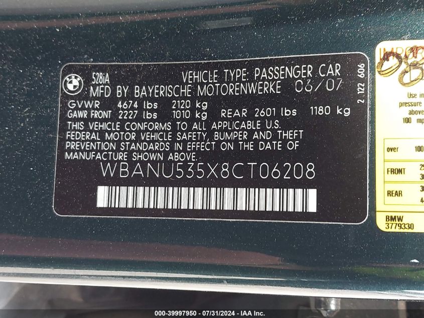 2008 BMW 528I I VIN: WBANU535X8CT06208 Lot: 39997950