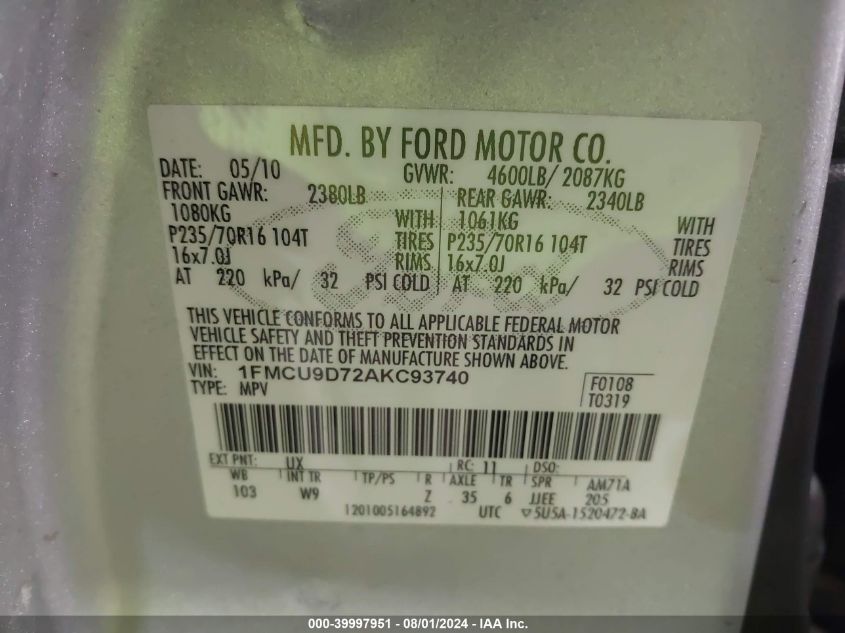 2010 Ford Escape Xlt VIN: 1FMCU9D72AKC93740 Lot: 39997951