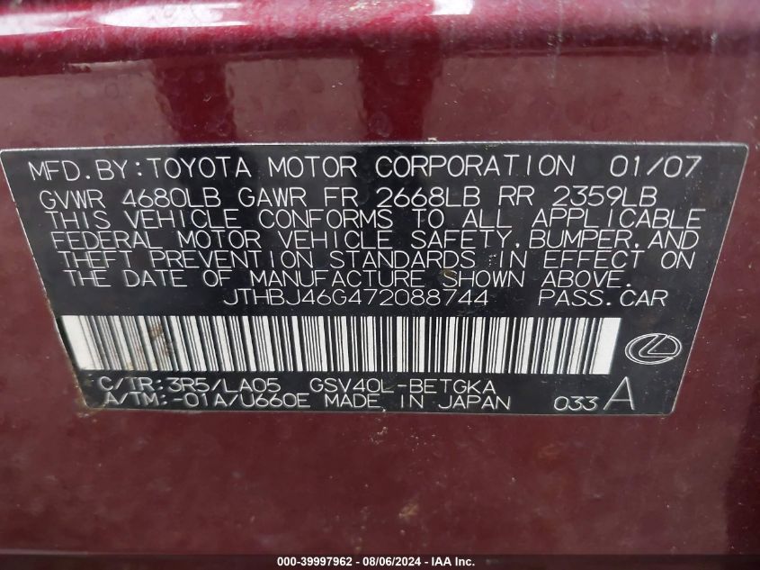 2007 Lexus Es 350 VIN: JTHBJ46G472088744 Lot: 39997962