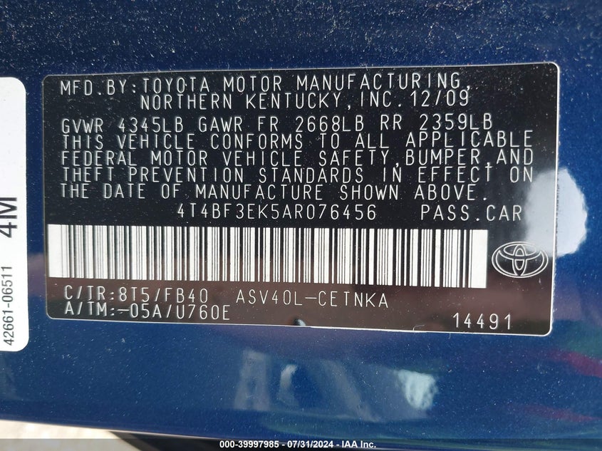 2010 Toyota Camry Se/Le/Xle VIN: 4T4BF3EK5AR076456 Lot: 39997985