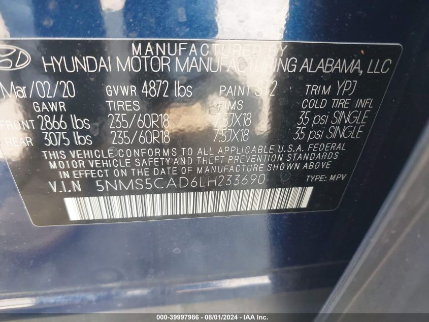 2020 Hyundai Santa Fe Limited VIN: 5NMS5CAD6LH233690 Lot: 39997986