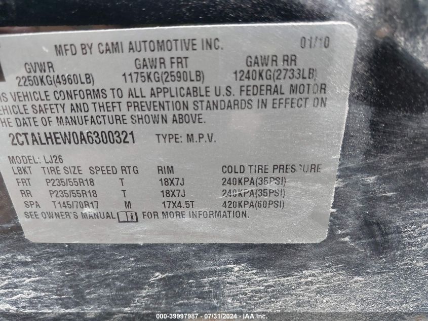 2010 GMC Terrain Slt-2 VIN: 2CTALHEW0A6300321 Lot: 39997987