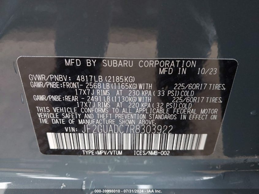 JF2GUADC7R8303922 2024 Subaru Crosstrek Premium