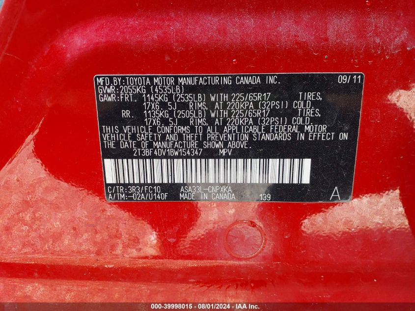 2011 Toyota Rav4 VIN: 2T3BF4DV1BW154347 Lot: 39998015