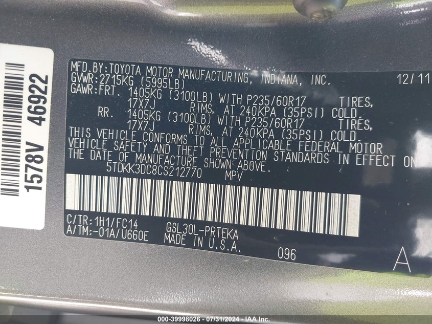 2012 Toyota Sienna Le V6 8 Passenger VIN: 5TDKK3DC8CS212770 Lot: 39998026