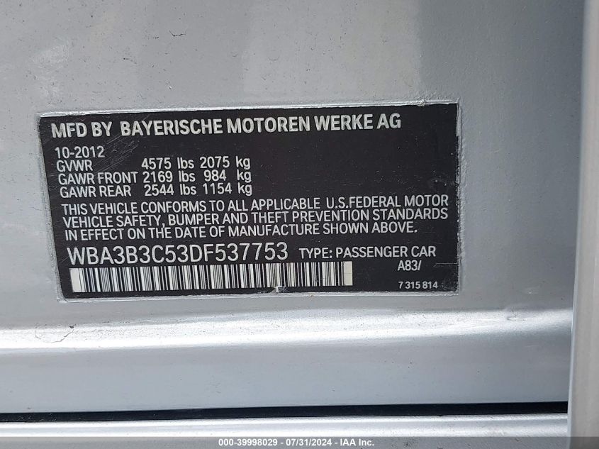 2013 BMW 328 Xi VIN: WBA3B3C53DF537753 Lot: 39998029