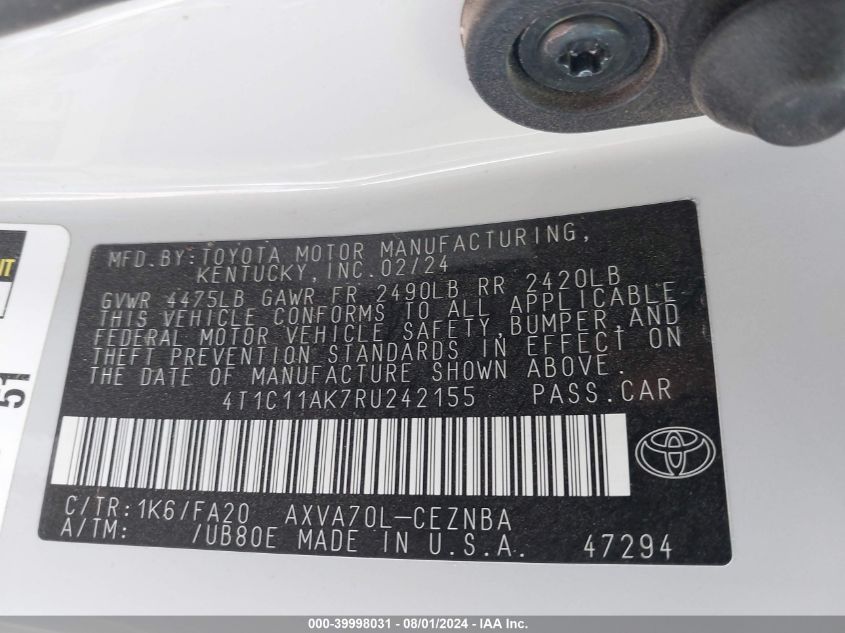 4T1C11AK7RU242155 2024 Toyota Camry Le