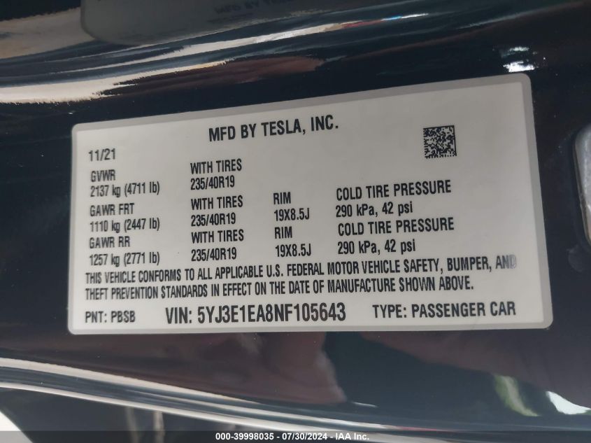 2022 Tesla Model 3 Rear-Wheel Drive VIN: 5YJ3E1EA8NF105643 Lot: 39998035