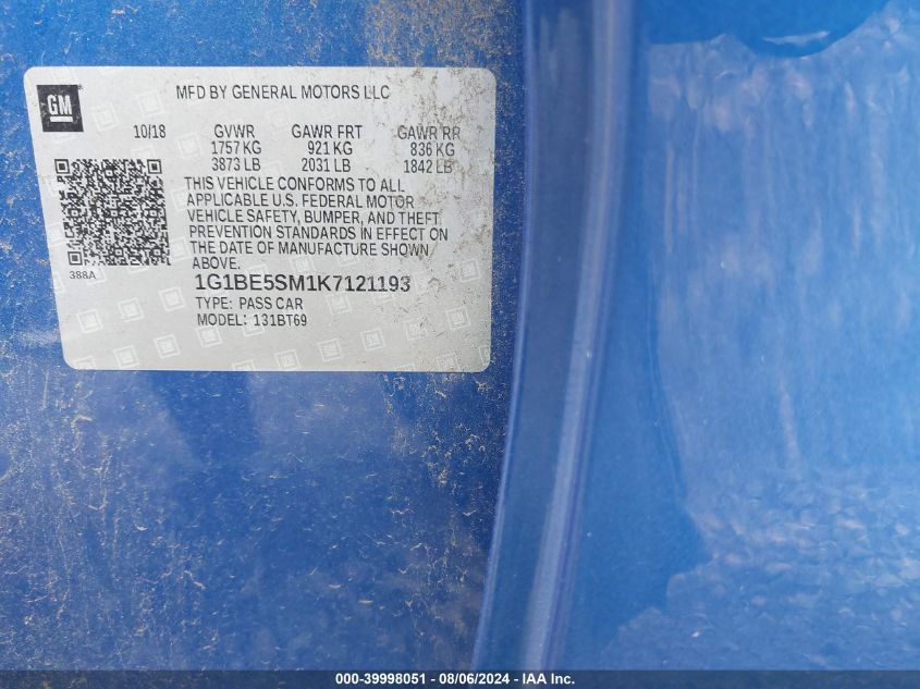 2019 Chevrolet Cruze Lt VIN: 1G1BE5SM1K7121193 Lot: 39998051