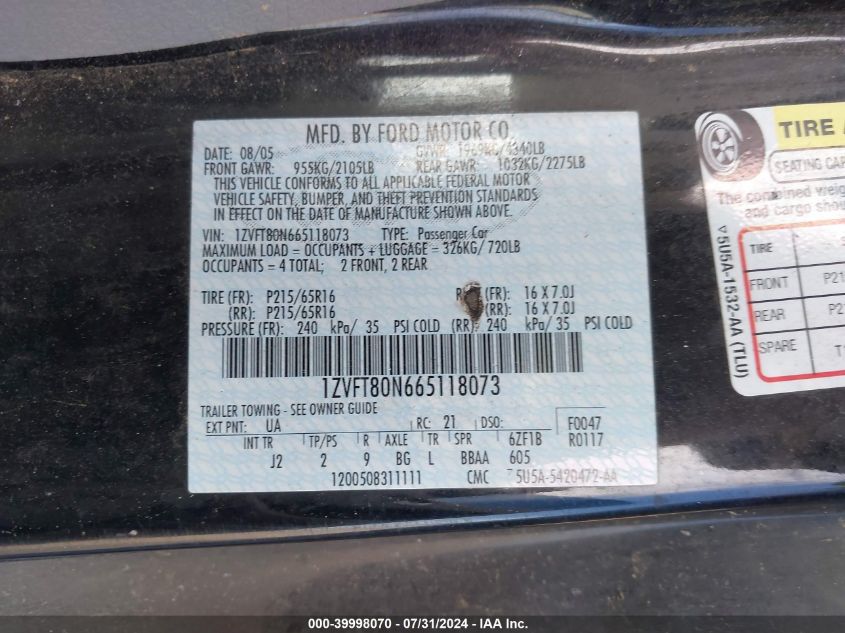 2006 Ford Mustang V6 VIN: 1ZVFT80N665118073 Lot: 39998070
