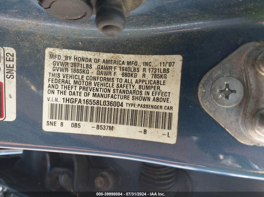 2008 Honda Civic Sdn Lx VIN: 1HGFA16558L036004 Lot: 39998084