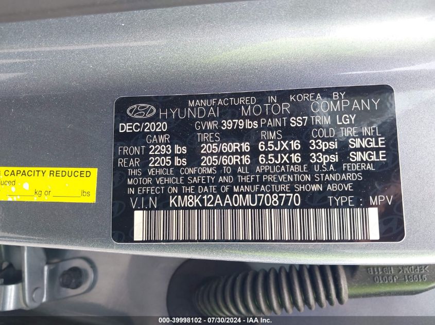 2021 Hyundai Kona Se VIN: KM8K12AA0MU708770 Lot: 39998102