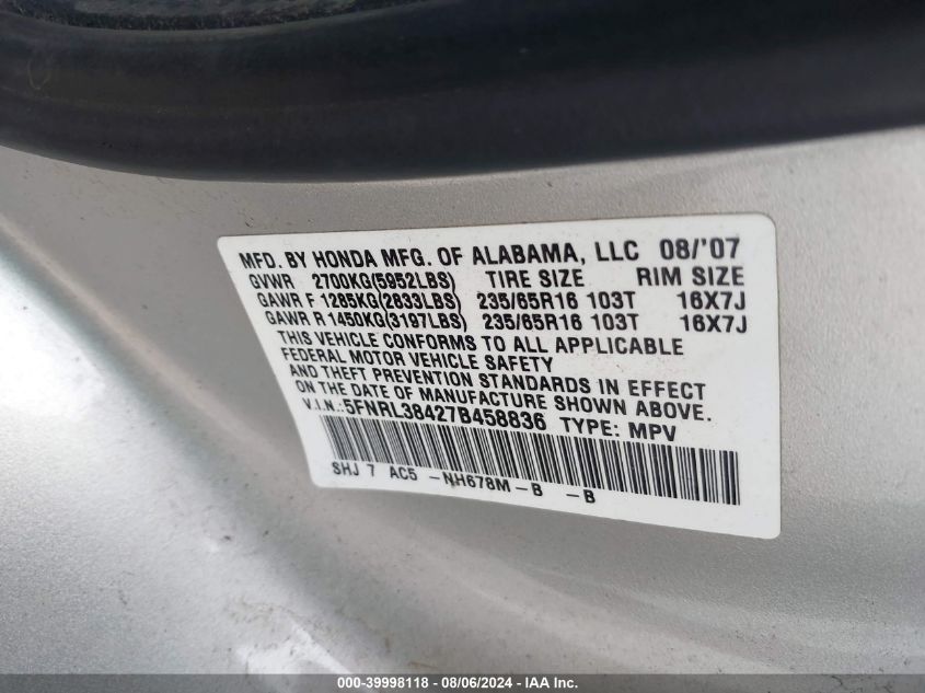 2007 Honda Odyssey Ex VIN: 5FNRL38427B458836 Lot: 39998118