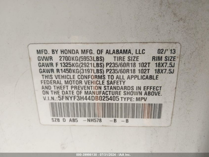 2013 Honda Pilot Ex VIN: 5FNYF3H44DB025405 Lot: 39998130