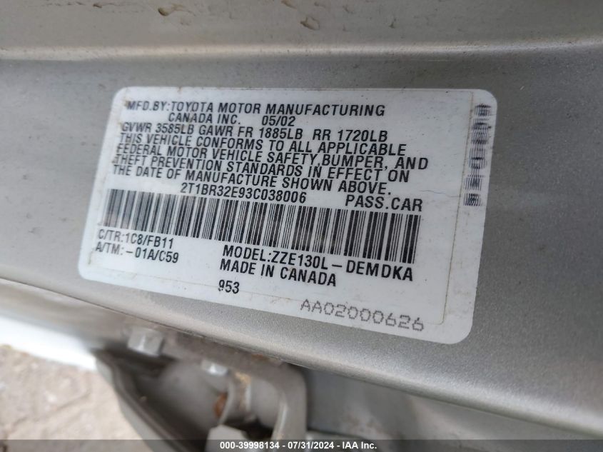 2003 Toyota Corolla Ce VIN: 2T1BR32E93C038006 Lot: 39998134