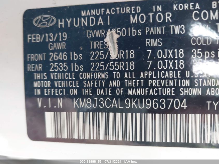 KM8J3CAL9KU963704 2019 Hyundai Tucson Sel